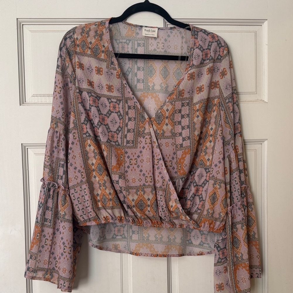 Peach Love California Geometric Wrap Blouse - Pink and Orange